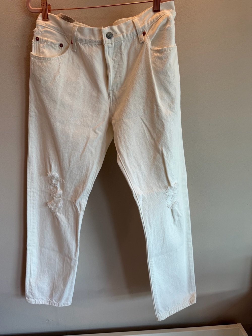 Levis 501 CT Custom Tapered White Distressed High Rise Jeans